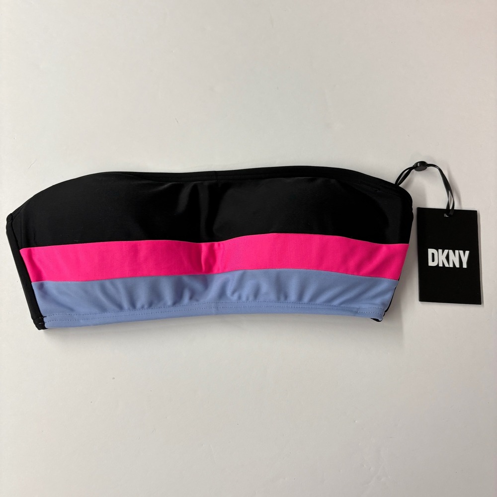 NWT DKNY Womens Bandeau Bikini Top XS Black Pink Blue Colorblock Strapless Swim